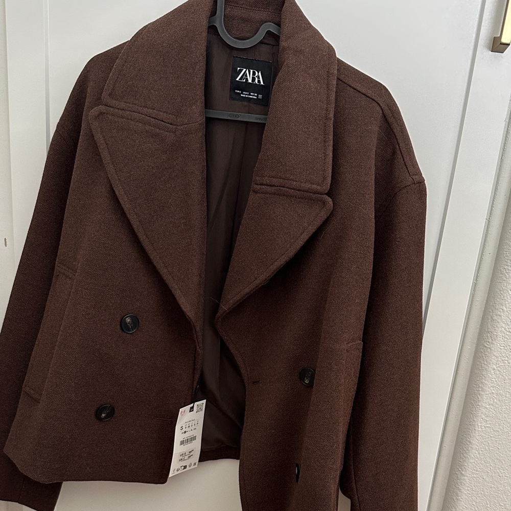 ZARA Cropped Double-Breasted Jacket - Chocolate Brown